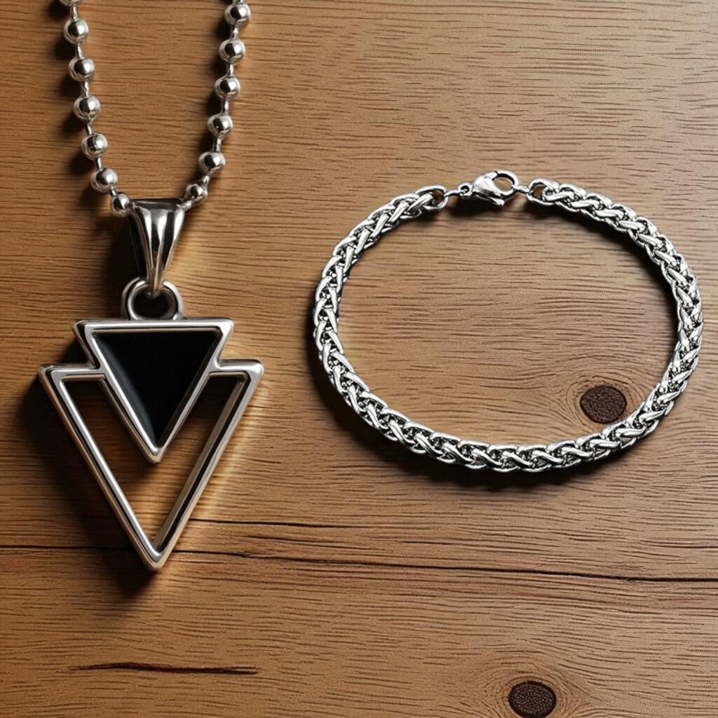 New stylish Silver Pendant and Bracelet Combo For Men and Boys Pack of 2