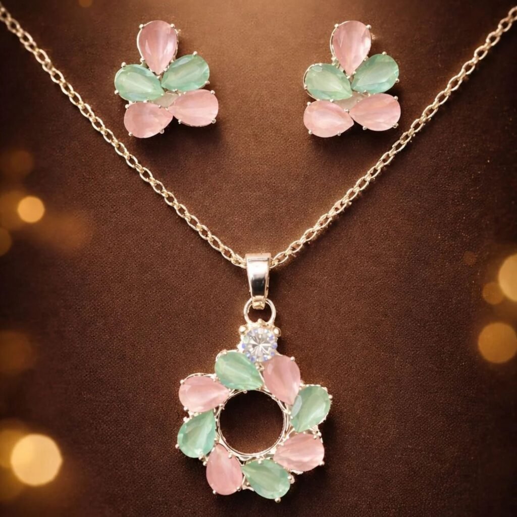 Multicolor Circle Shape Pendant Set with Earring For Women and Girl