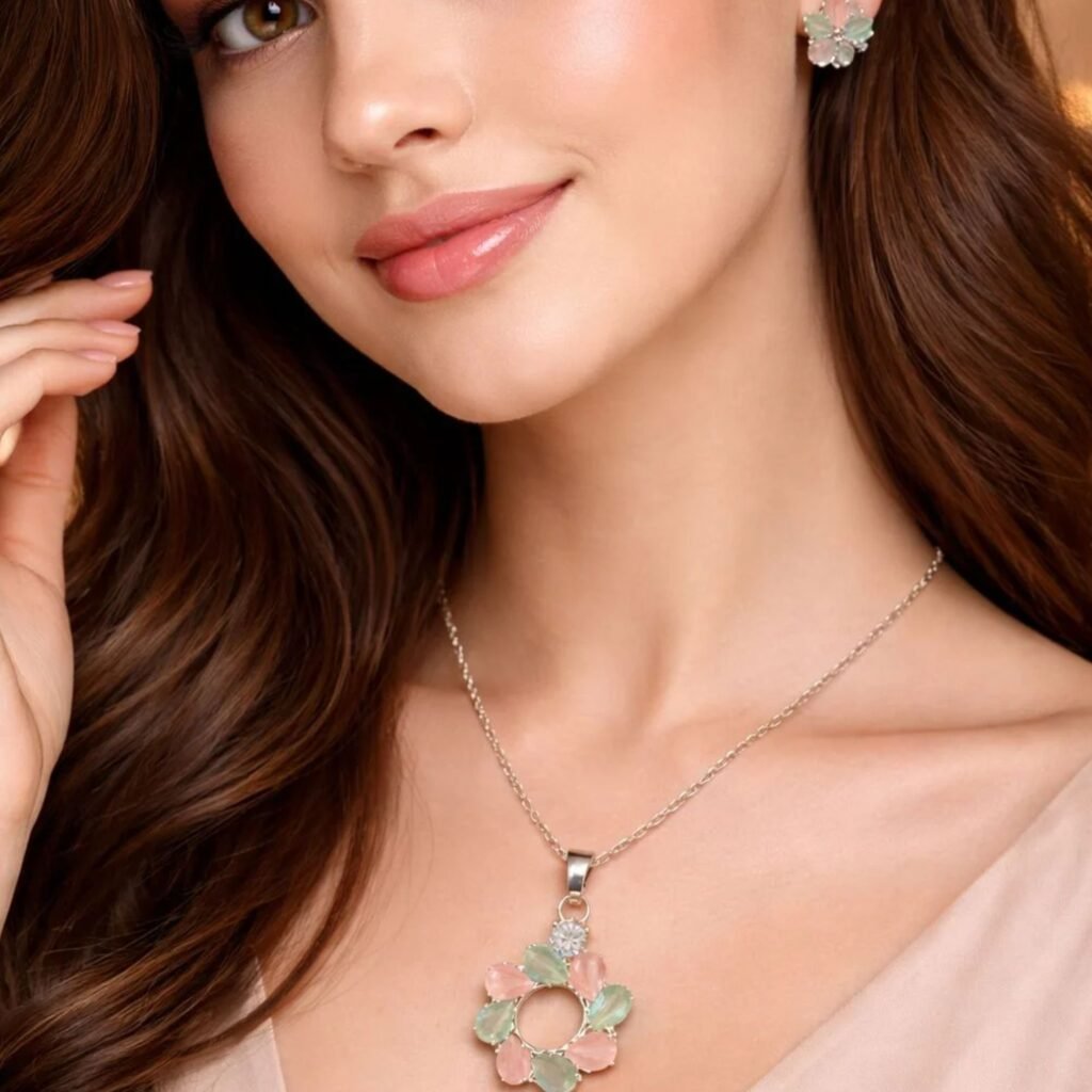 Multicolor Circle Shape Pendant Set with Earring For Women and Girl