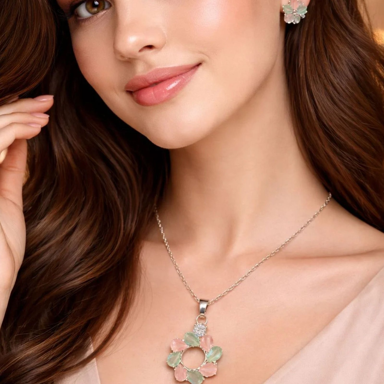 Multicolor Circle Shape Pendant Set with Earring For Women and Girl