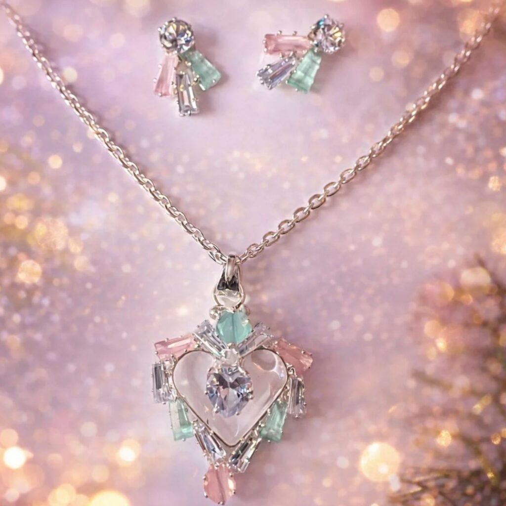 Multicolor Heart Shape Pendant Set with Earring For Women and Girl
