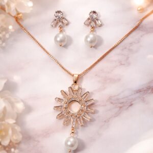 Rose Gold Crystel Circle Pendant Set with Earring For Women and Girl