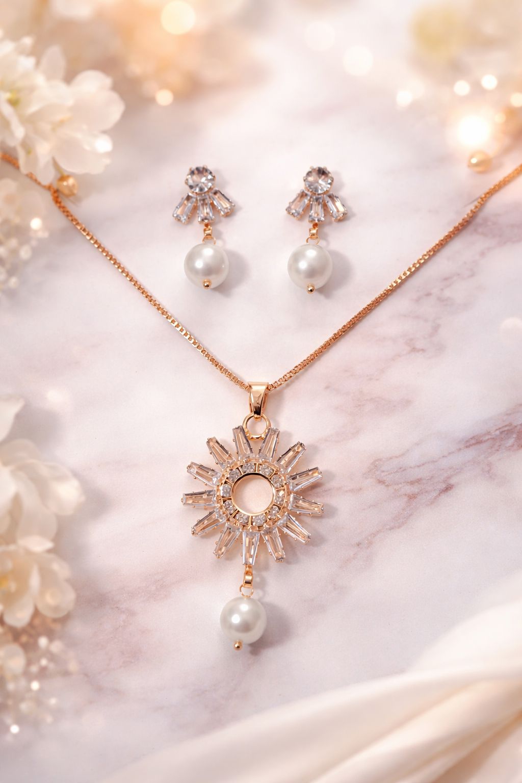 Rose Gold Crystel Circle Pendant Set with Earring For Women and Girl