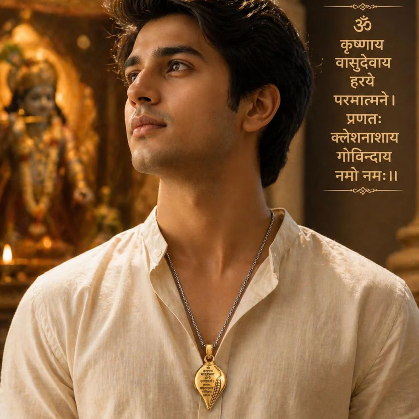 Om Krishna Mantra Gold Sankh Pendant for Men and Women - Image 2