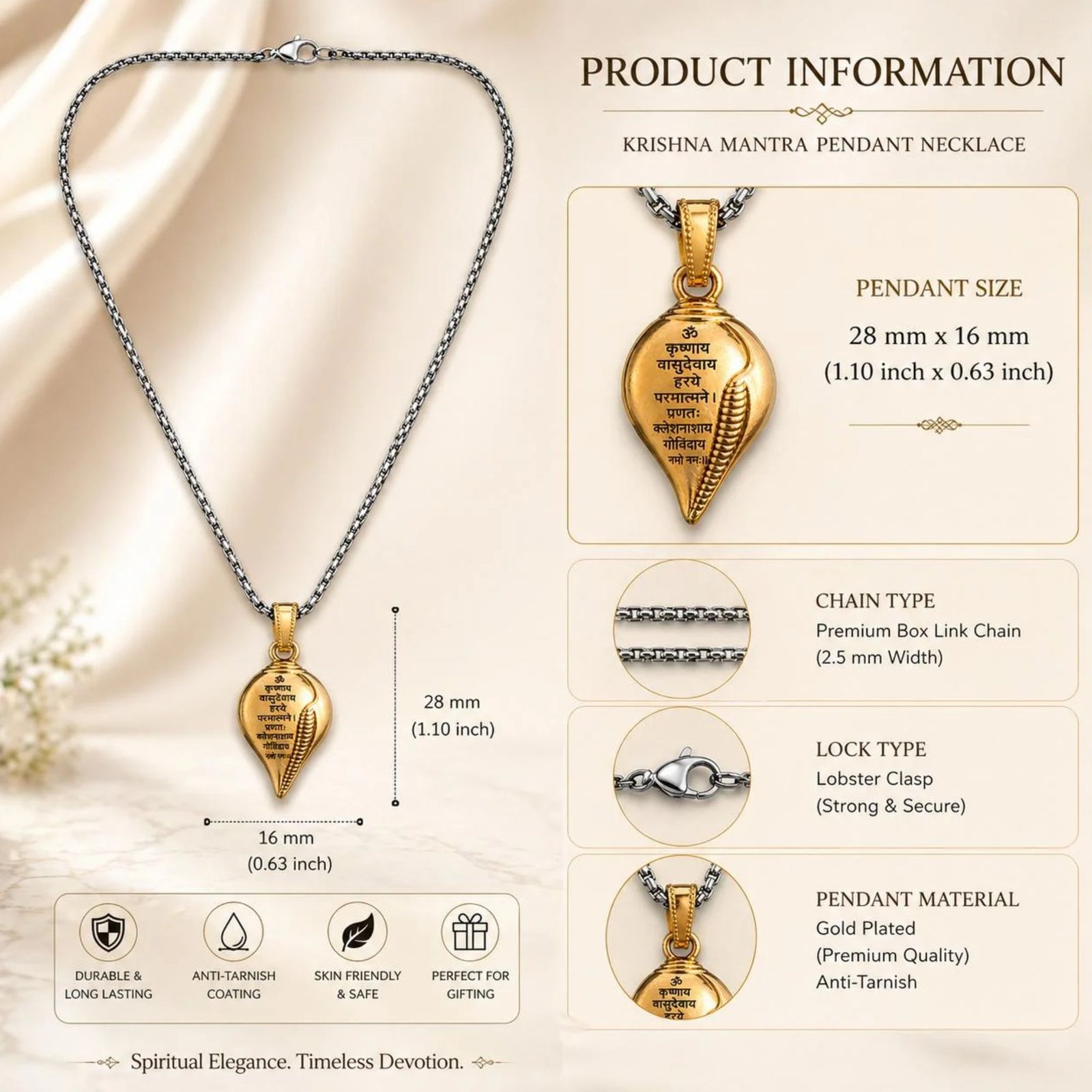 Om Krishna Mantra Gold Sankh Pendant for Men and Women - Image 3