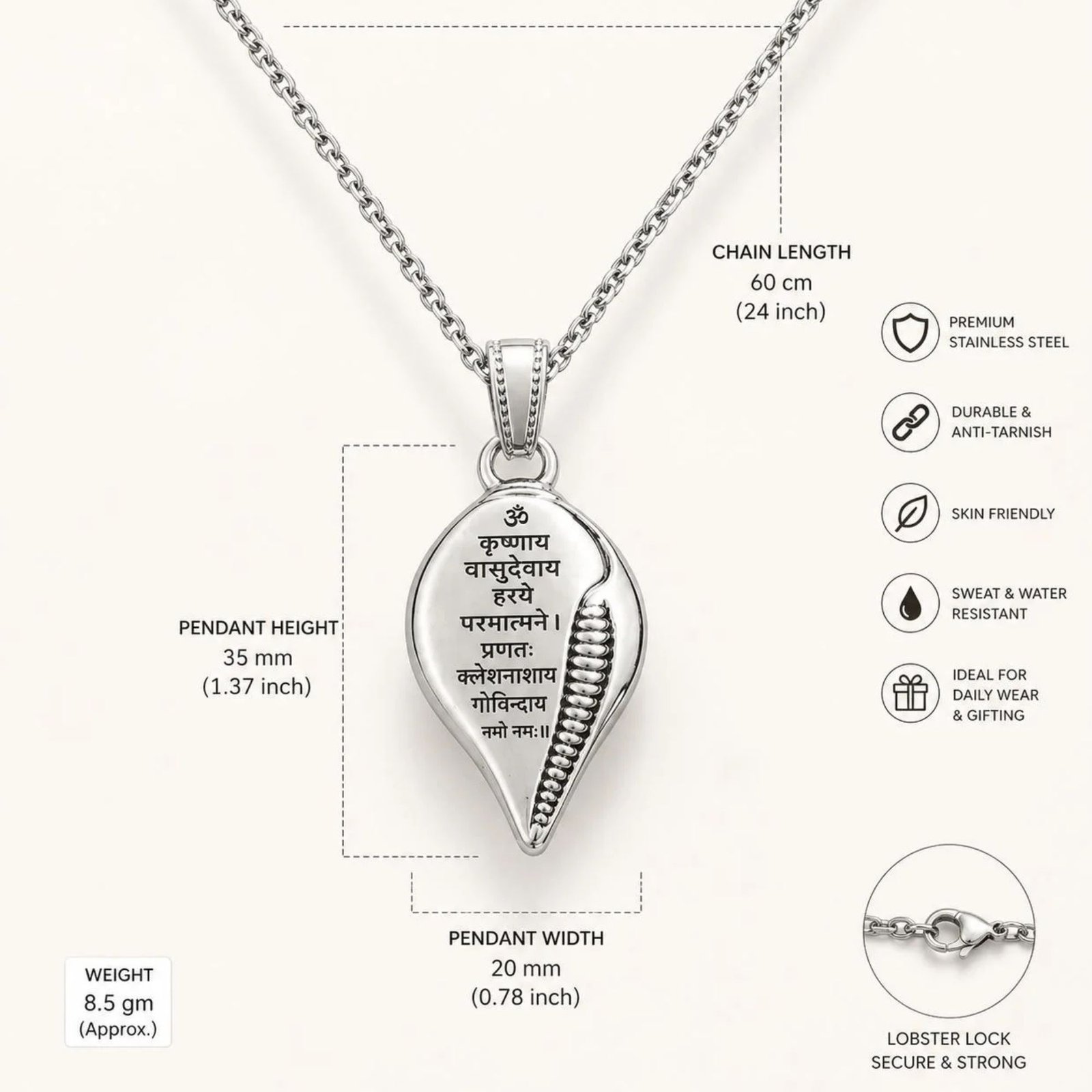 Om Krishnaya Vasudevaya Mantra Silver Sankh Pendant for Men and Women - Image 5