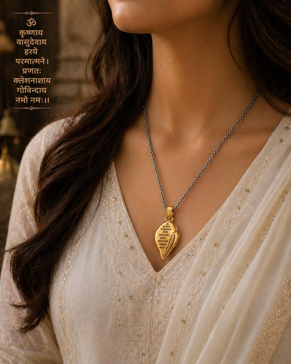 Om Krishna Mantra Gold Sankh Pendant for Men and Women - Image 3