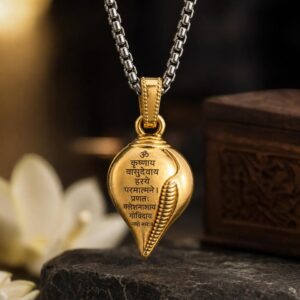 Om Krishna Mantra Gold Sankh Pendant for Men and Women