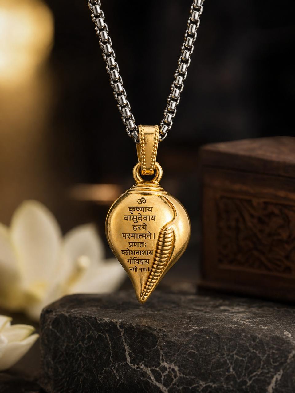 Om Krishna Mantra Gold Sankh Pendant for Men and Women
