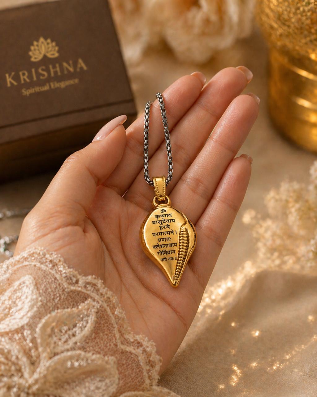 Om Krishna Mantra Gold Sankh Pendant for Men and Women - Image 5
