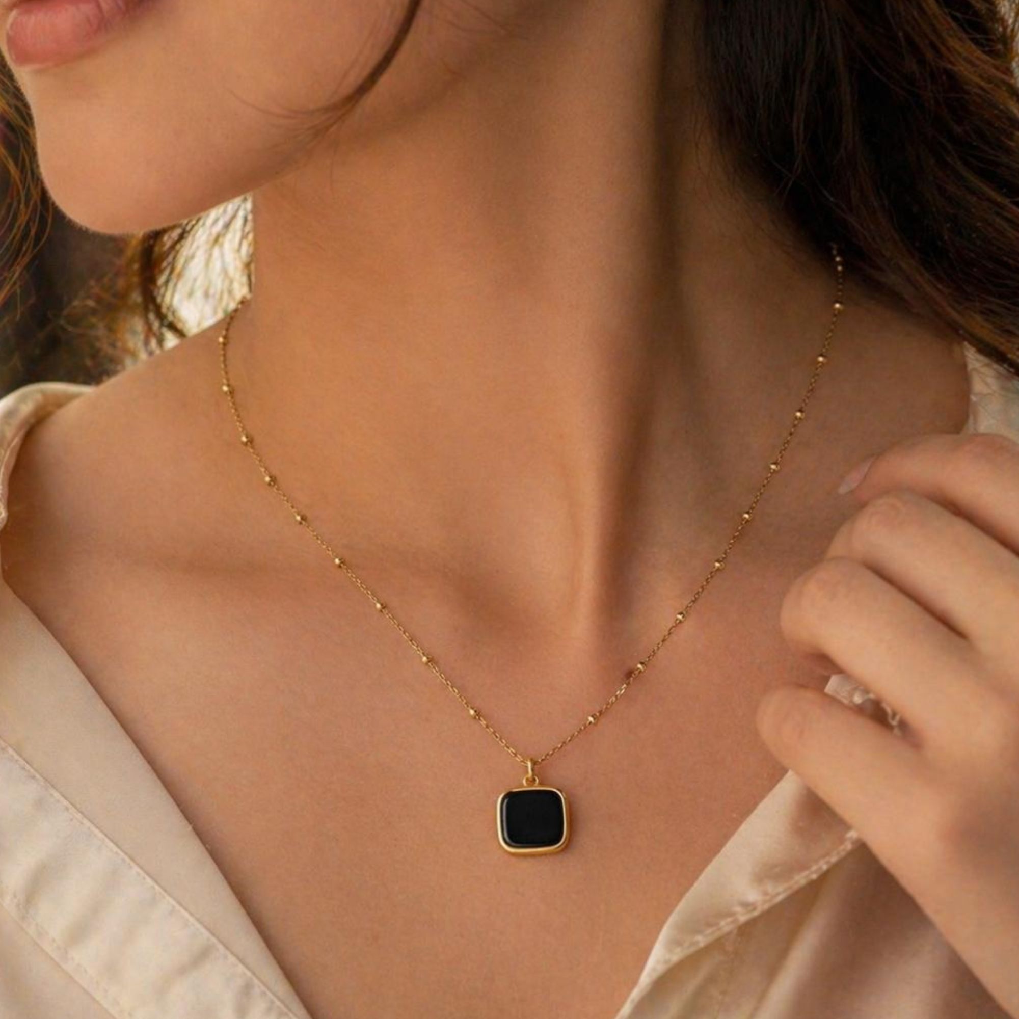 Anti-Tarnish Gold Plated Black Square Pendant Necklace with Satellite Chain for Women - Image 5