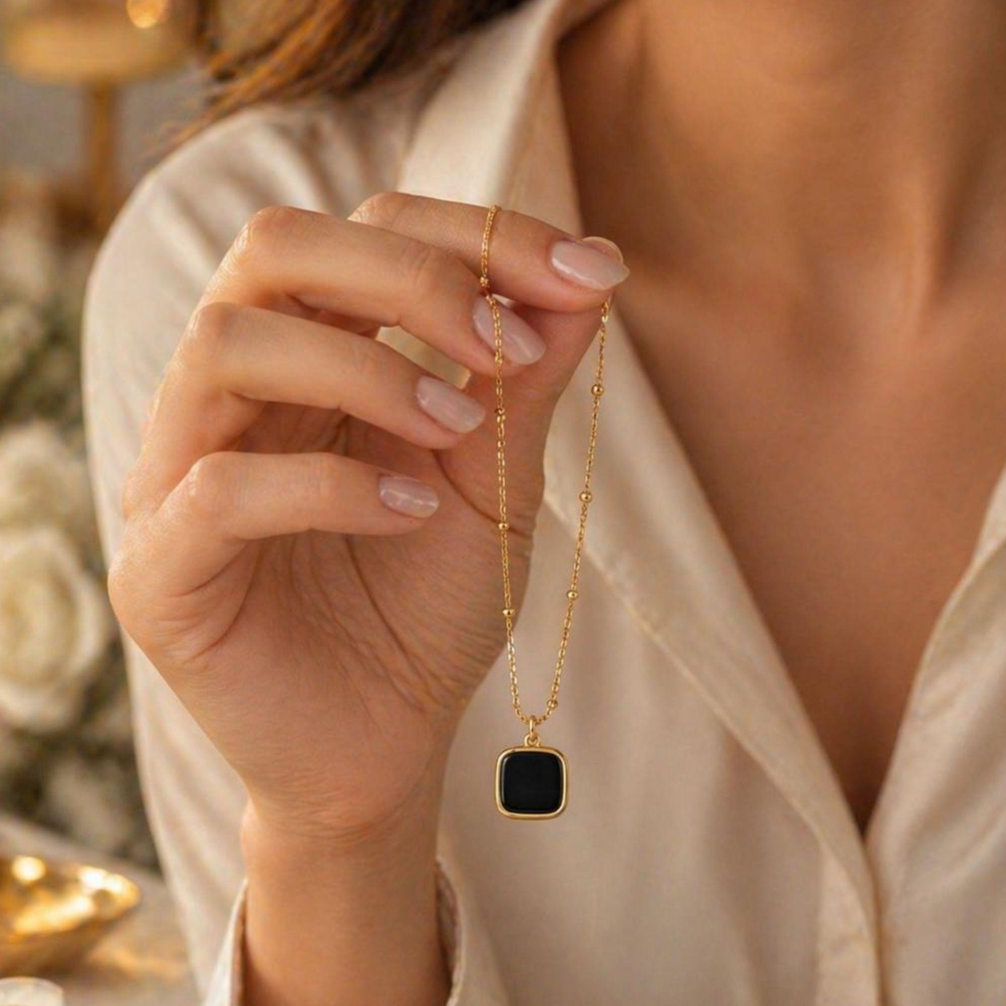 Anti-Tarnish Gold Plated Black Square Pendant Necklace with Satellite Chain for Women - Image 4
