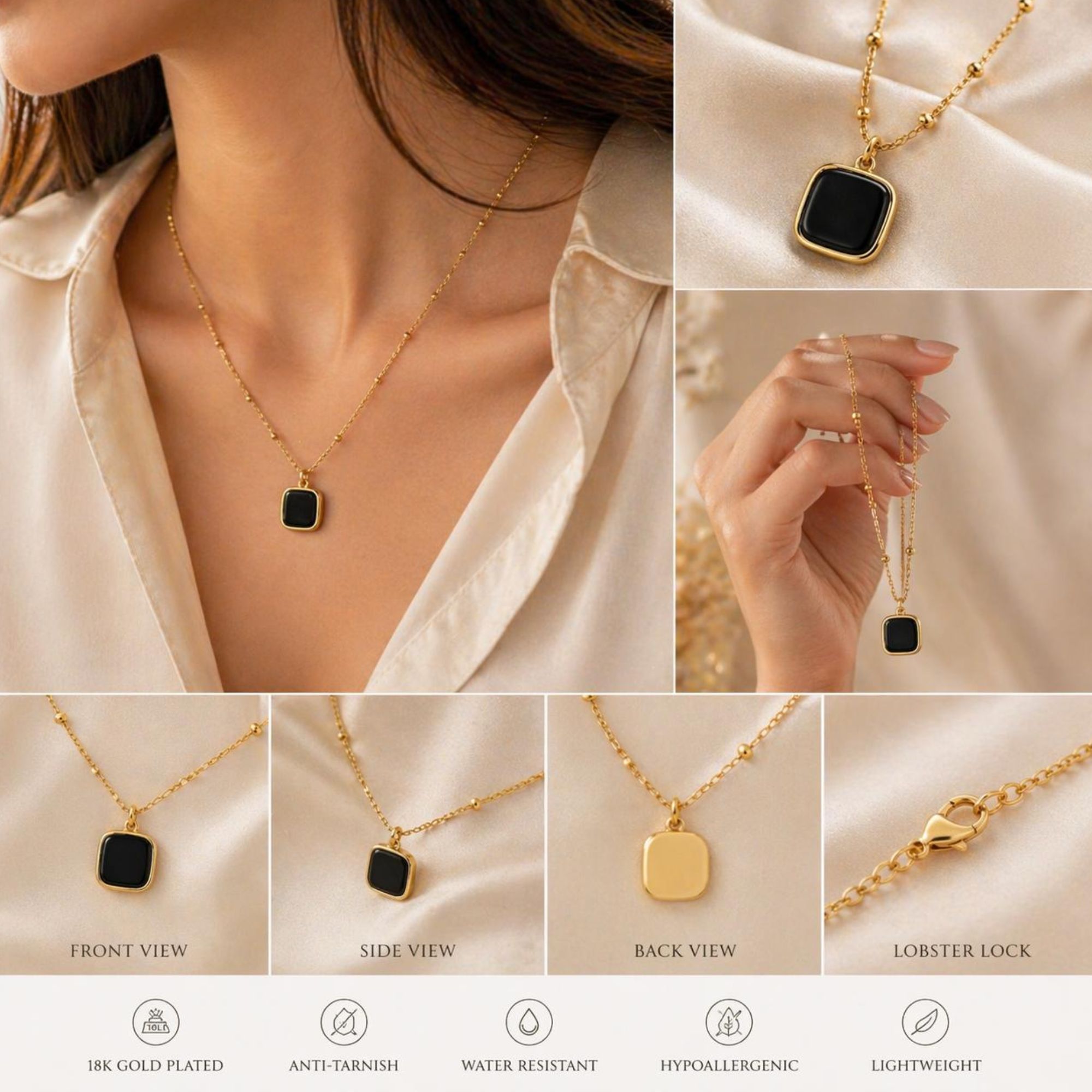 Anti-Tarnish Gold Plated Black Square Pendant Necklace with Satellite Chain for Women - Image 3
