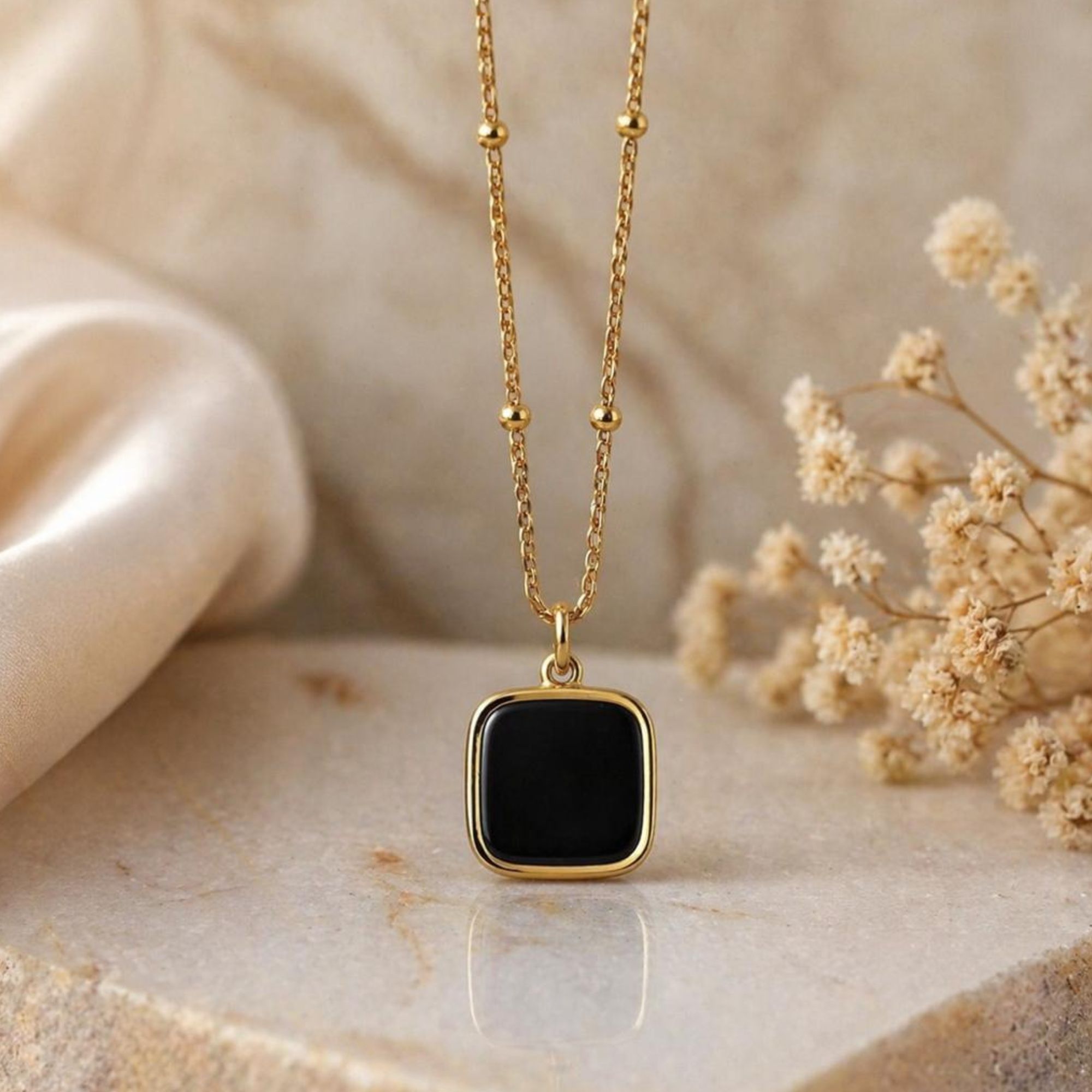 Anti-Tarnish Gold Plated Black Square Pendant Necklace with Satellite Chain for Women - Image 2