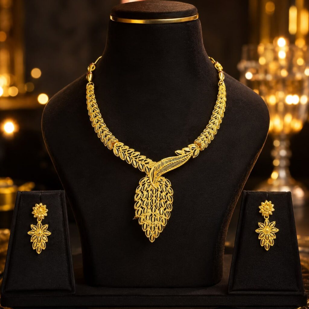 Anti-Tarnish Gold-Plated Peacock Motif Necklace Set with Matching Earrings