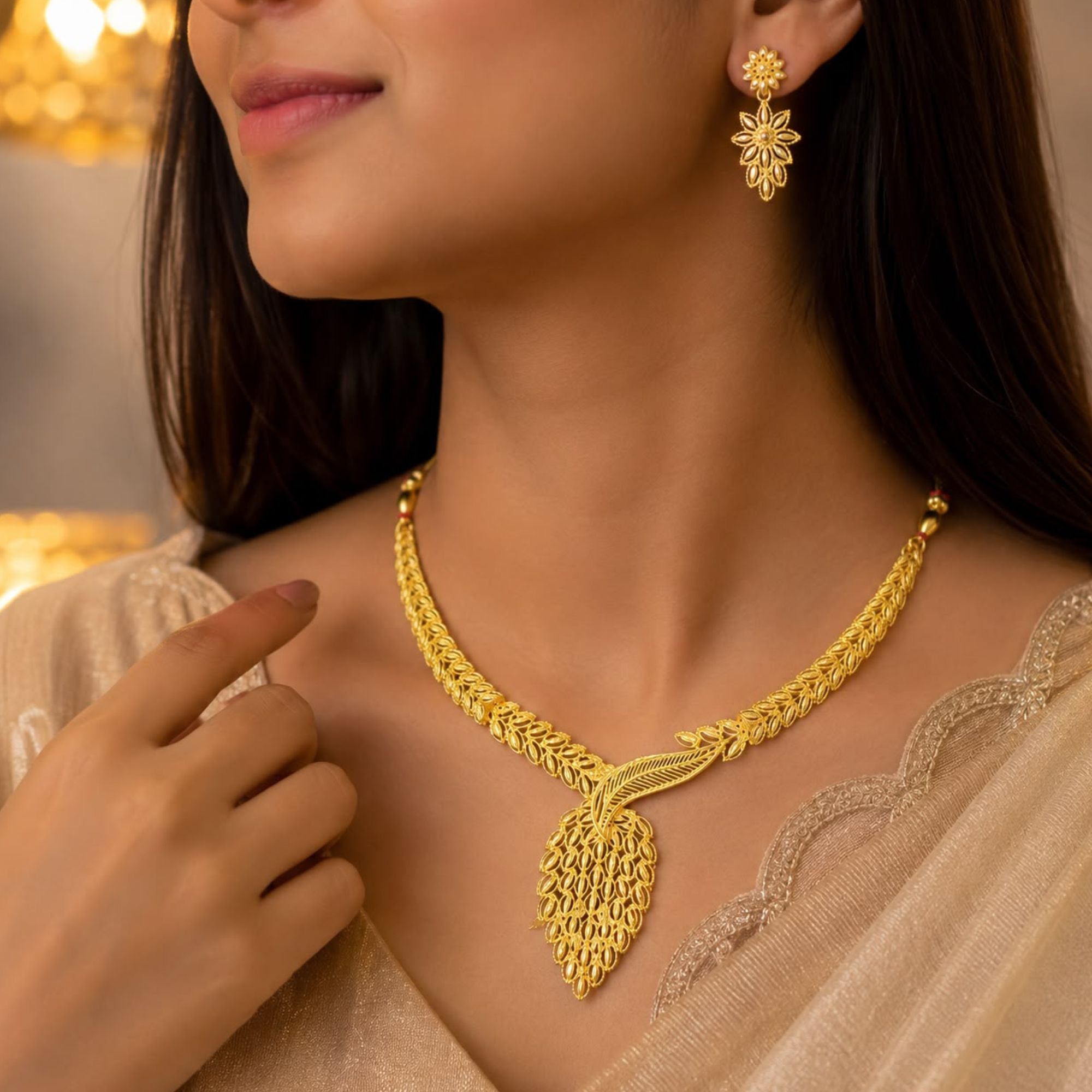 Anti-Tarnish Gold-Plated Peacock Motif Necklace Set with Matching Earrings - Image 4