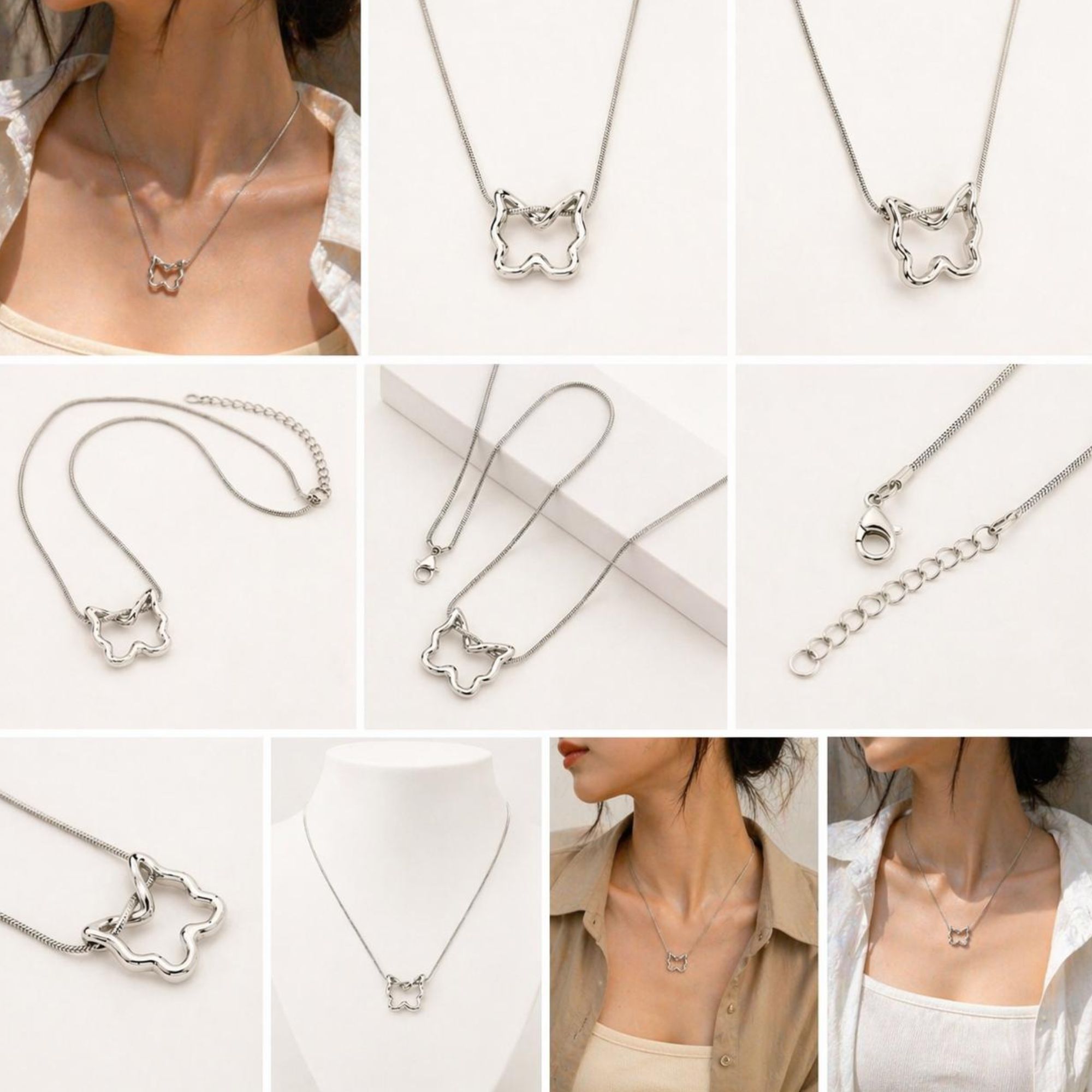 Anti-Tarnish Silver Butterfly Outline Pendant Necklace with Snake Chain for Women - Image 4