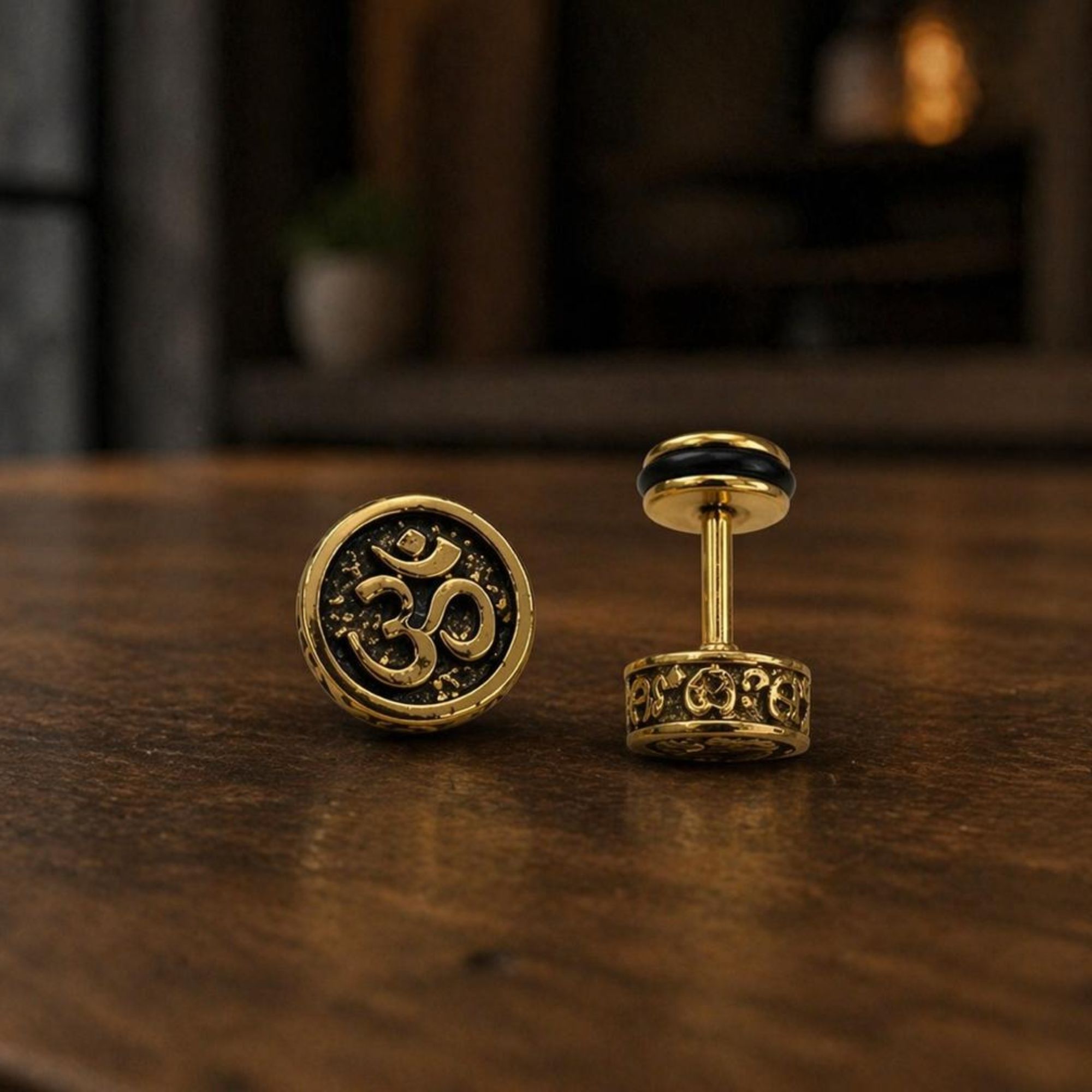 Antique Gold Plated Om Symbol Screw Back Stud Earrings for Men & Women | Stainless Steel Spiritual Dumbbell Earring (Pair of 1) - Image 3