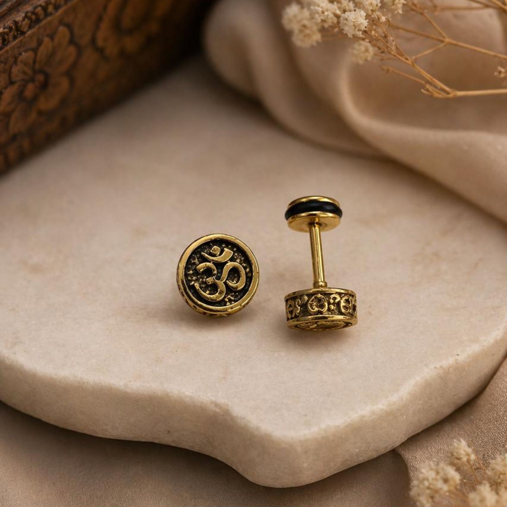 Antique Gold Plated Om Symbol Screw Back Stud Earrings for Men & Women Stainless Steel Spiritual Dumbbell Earring (Pair of 1)