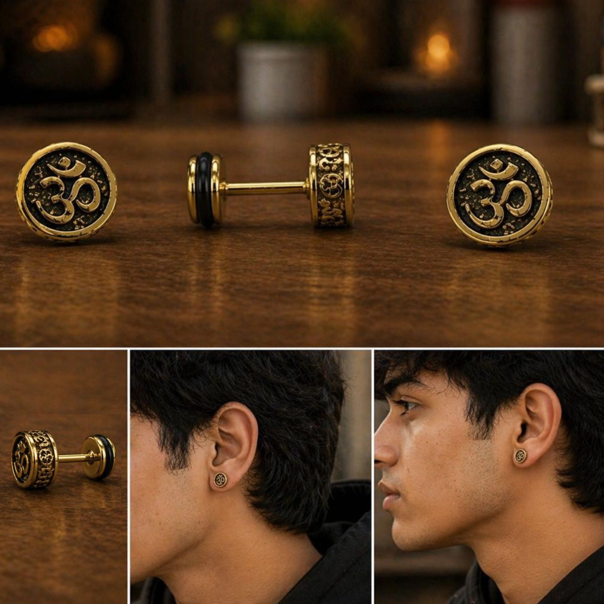 Antique Gold Plated Om Symbol Screw Back Stud Earrings for Men & Women | Stainless Steel Spiritual Dumbbell Earring (Pair of 1) - Image 4