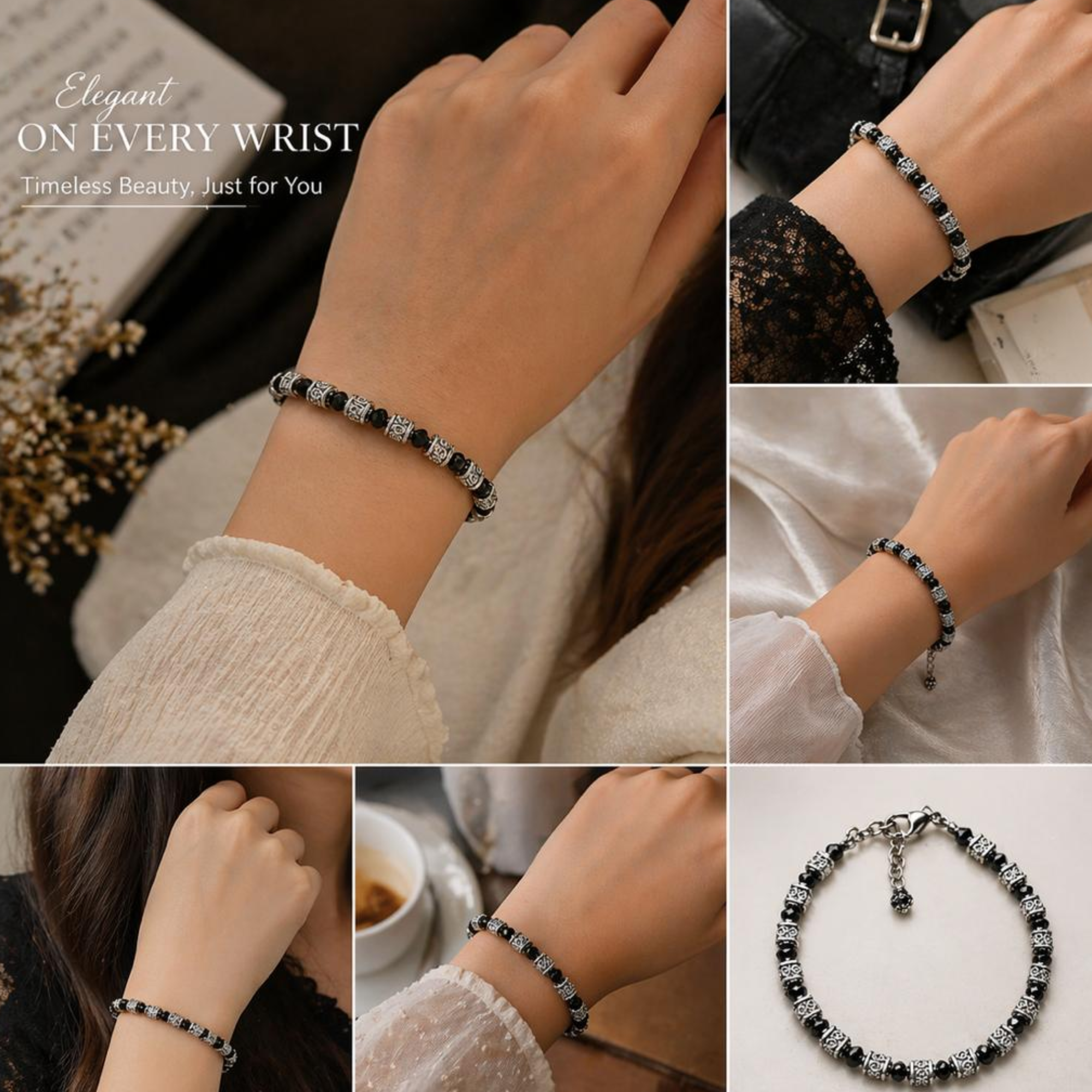 Antique Silver Black Crystal Bracelet – Unisex - Image 5