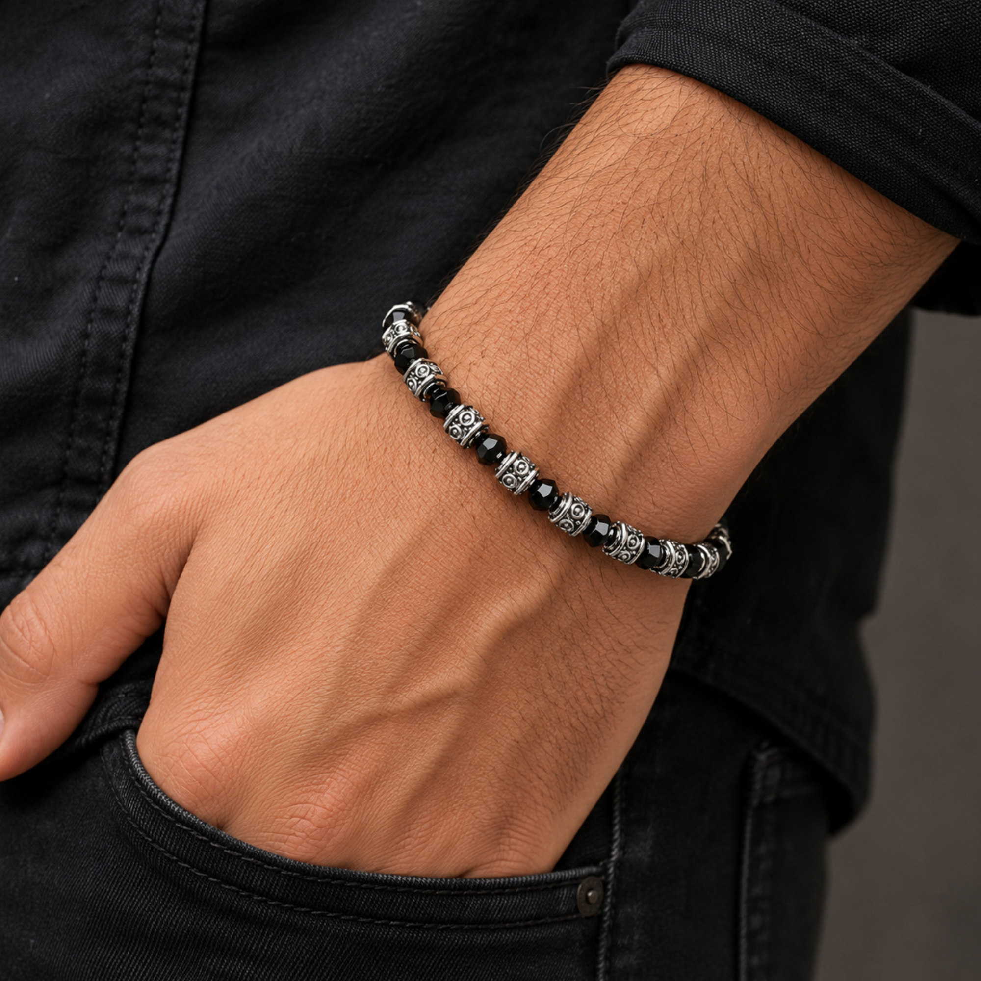 Antique Silver Black Crystal Bracelet – Unisex - Image 2