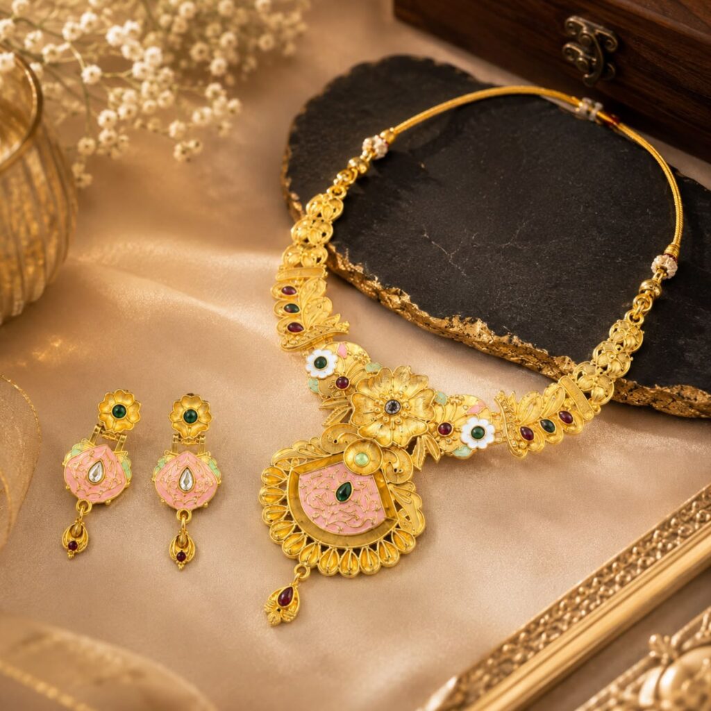 Artificial Pink Meenakari Kundan Bridal Necklace Set with Matching Earrings _ Traditional Gold-Plated Jewellery