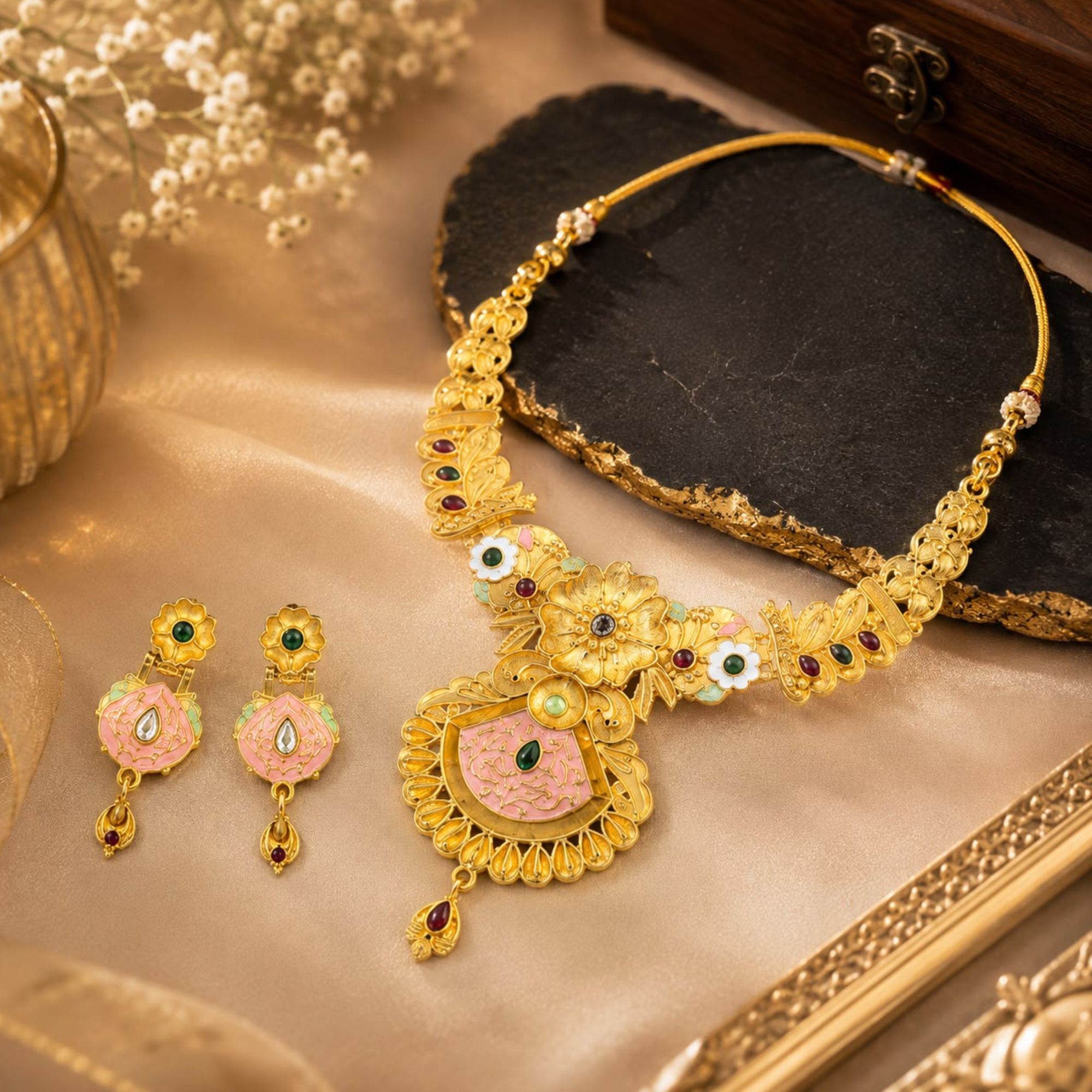 Artificial Pink Meenakari Kundan Bridal Necklace Set with Matching Earrings _ Traditional Gold-Plated Jewellery