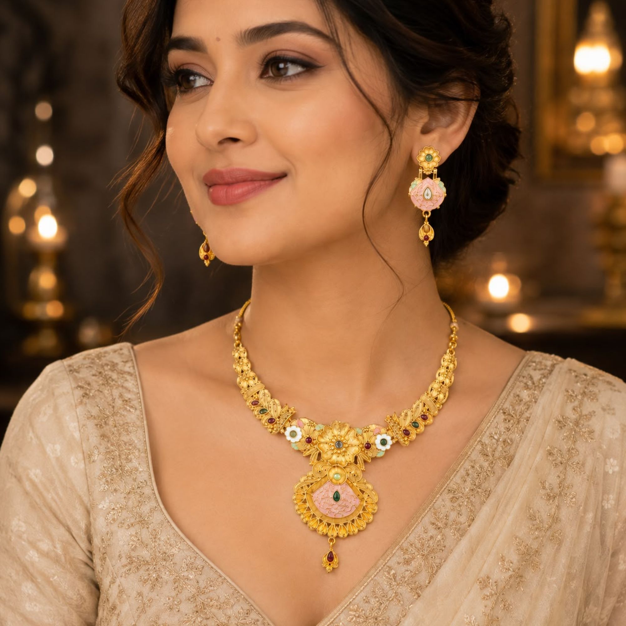 Artificial Pink Meenakari Kundan Bridal Necklace Set with Matching Earrings | Traditional Gold-Plated Jewellery - Image 4