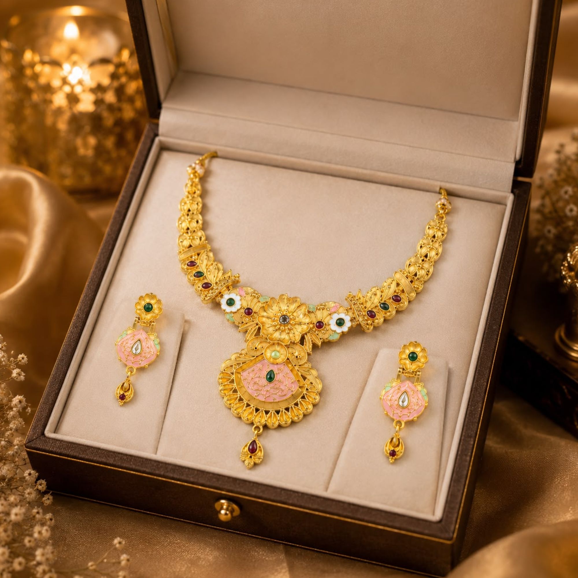 Artificial Pink Meenakari Kundan Bridal Necklace Set with Matching Earrings | Traditional Gold-Plated Jewellery - Image 3