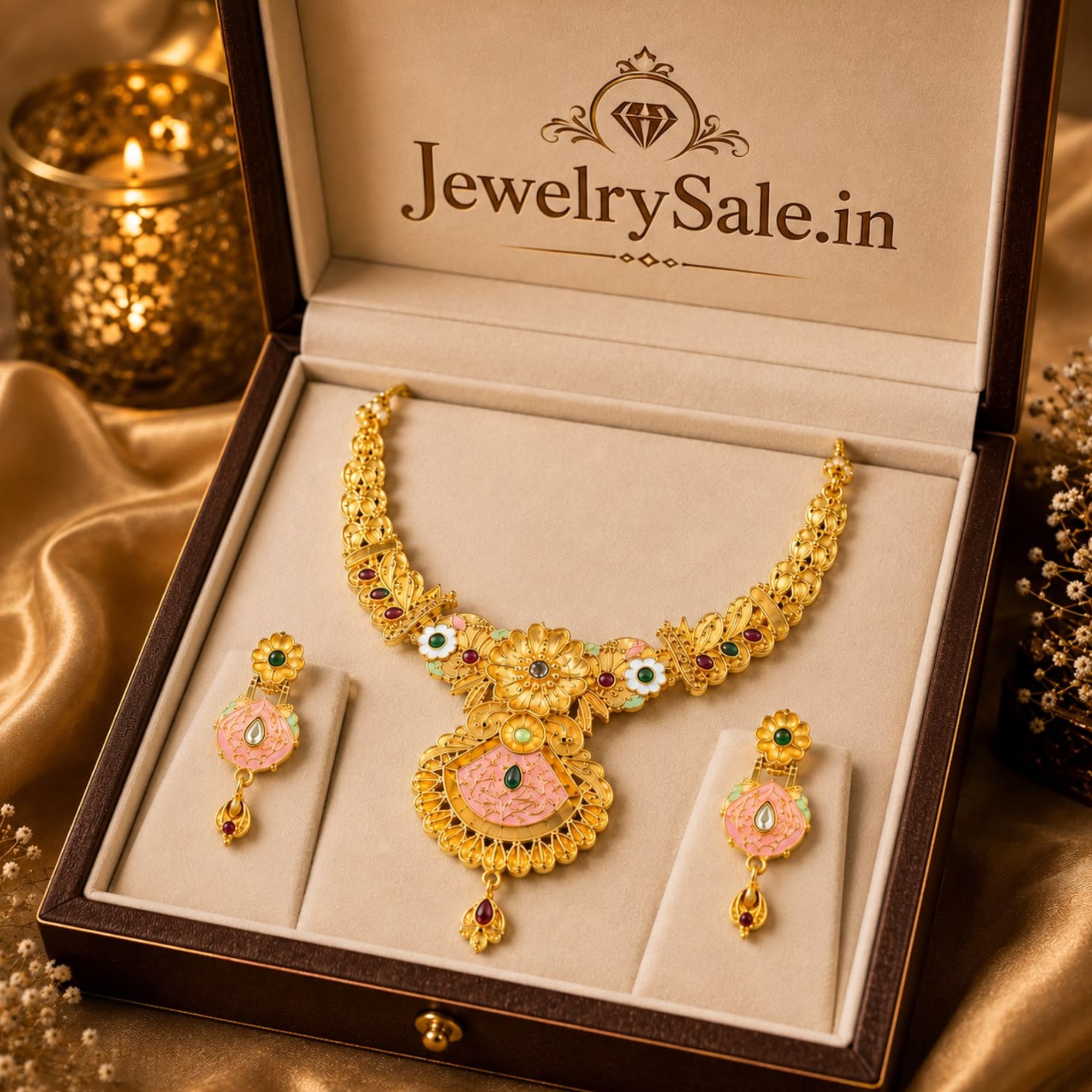 Artificial Pink Meenakari Kundan Bridal Necklace Set with Matching Earrings | Traditional Gold-Plated Jewellery - Image 2