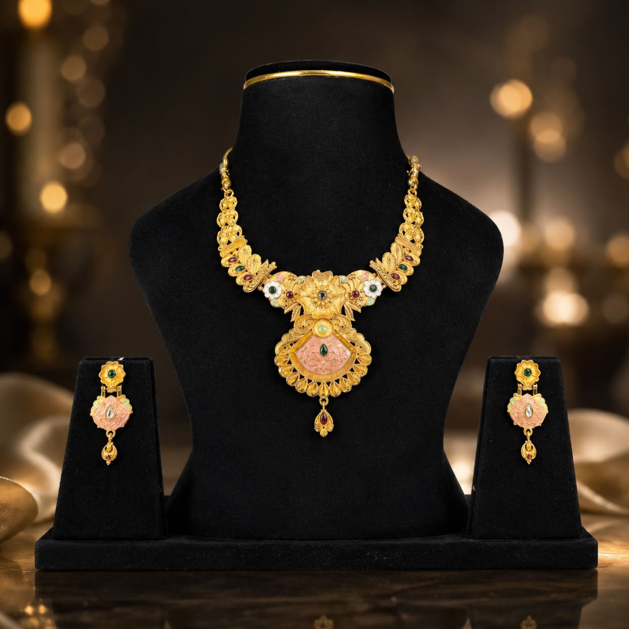 Artificial Pink Meenakari Kundan Bridal Necklace Set with Matching Earrings | Traditional Gold-Plated Jewellery - Image 5