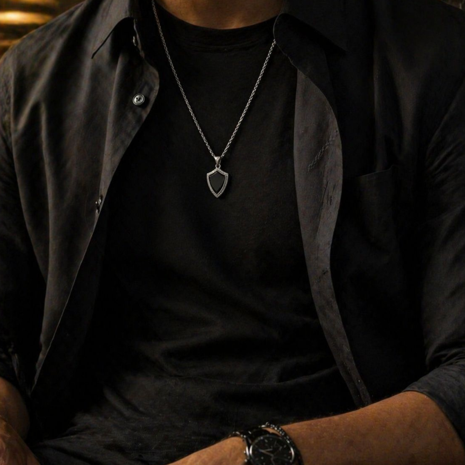 Black Shield Pendant Necklace for Men | Stylish Fashion Jewellery - Image 7