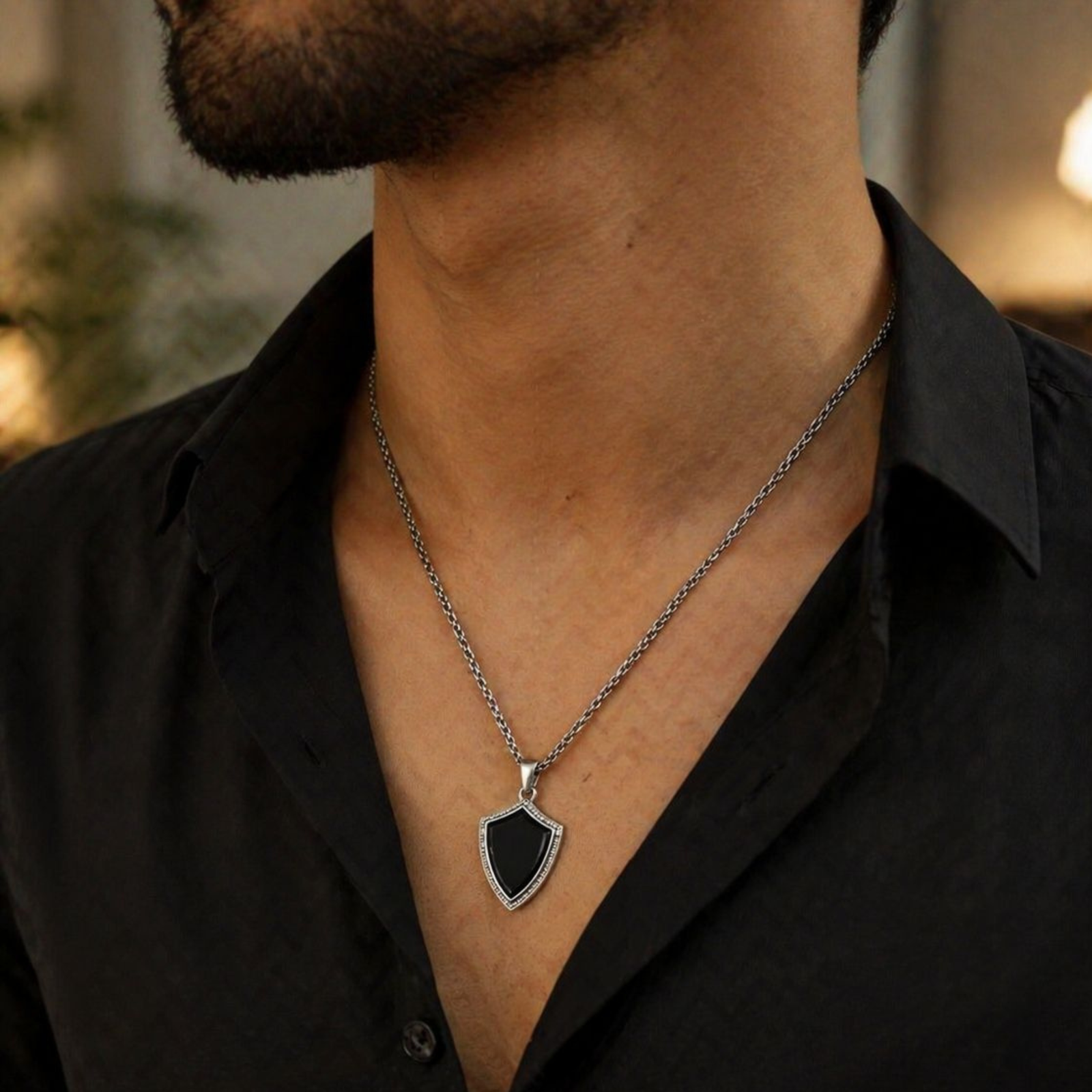 Black Shield Pendant Necklace for Men | Stylish Fashion Jewellery - Image 4