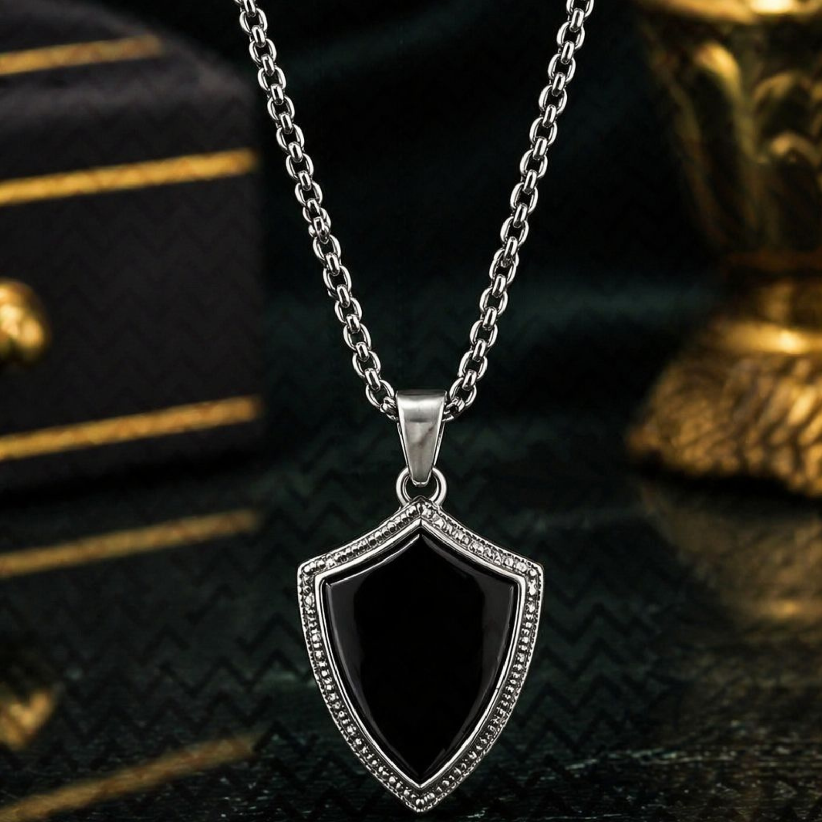 Black Shield Pendant Necklace for Men | Stylish Fashion Jewellery - Image 3