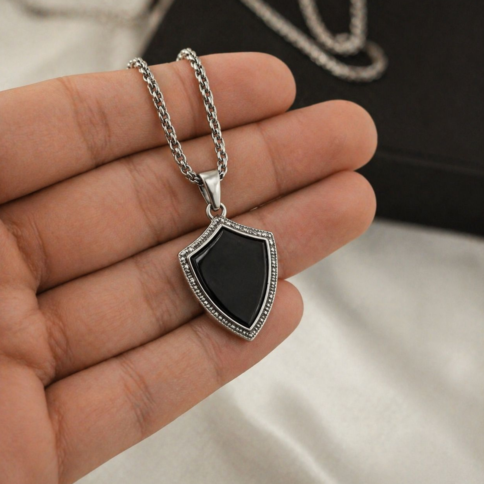 Black Shield Pendant Necklace for Men | Stylish Fashion Jewellery - Image 2