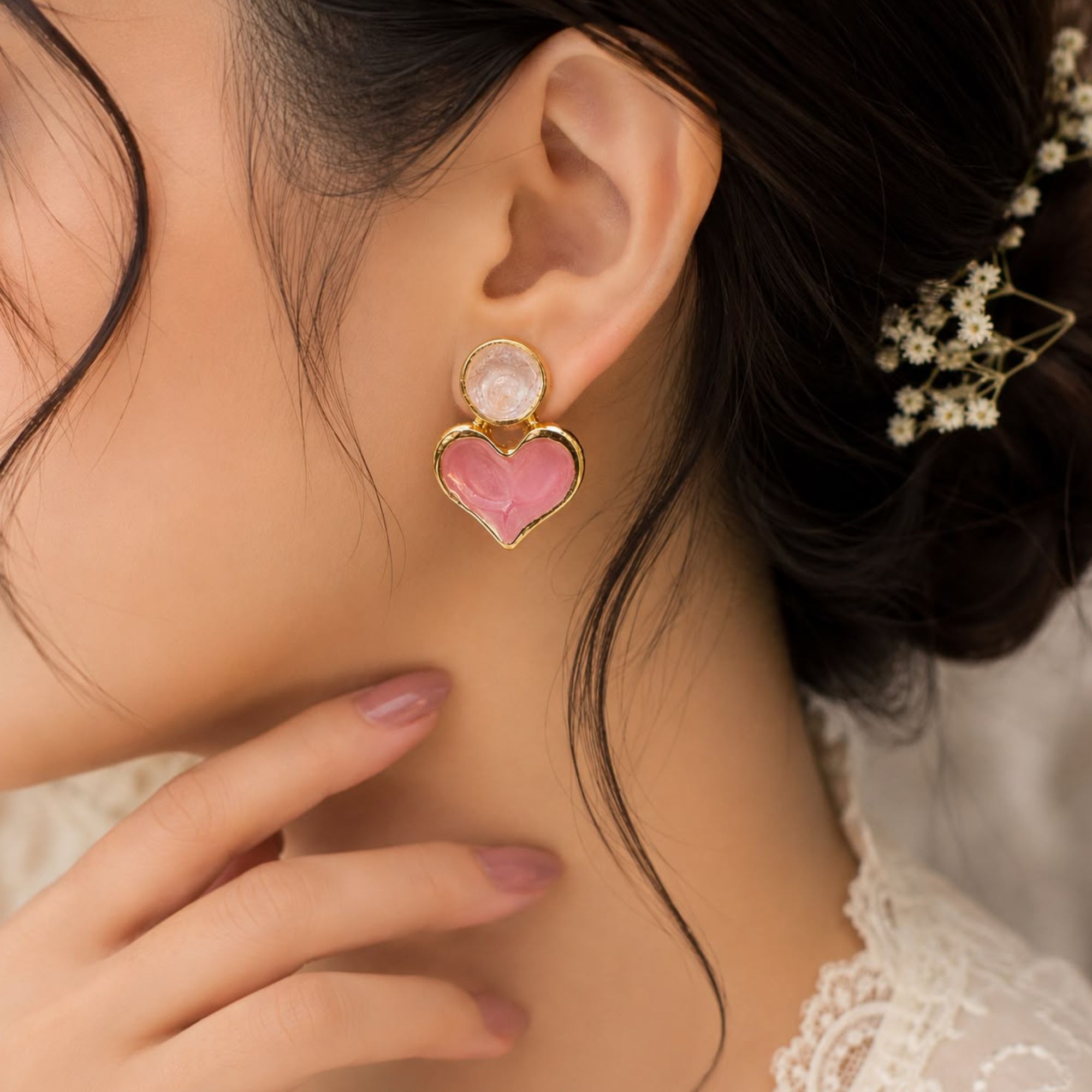 Blush Heart & Stone Drop Earrings For Women & Girl - Image 3
