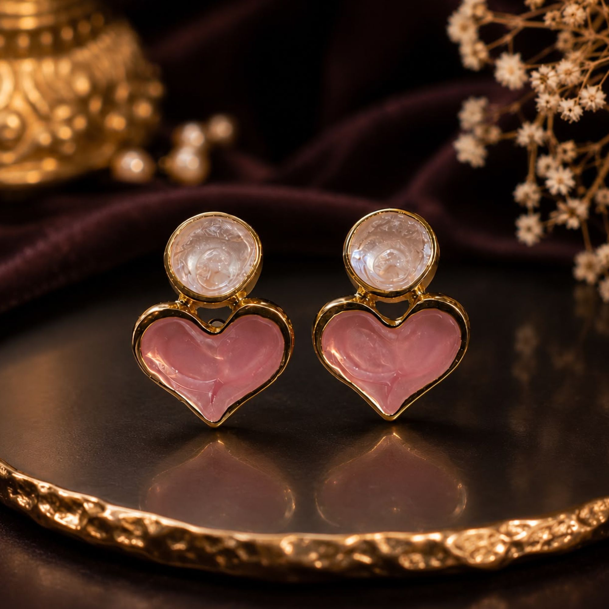 Blush Heart & Stone Drop Earrings For Women & Girl - Image 4