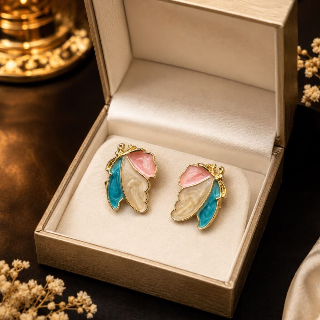 Chic Pastel Butterfly Enamel Earrings _ Trendy Gold-Finished Daily Wear Studs