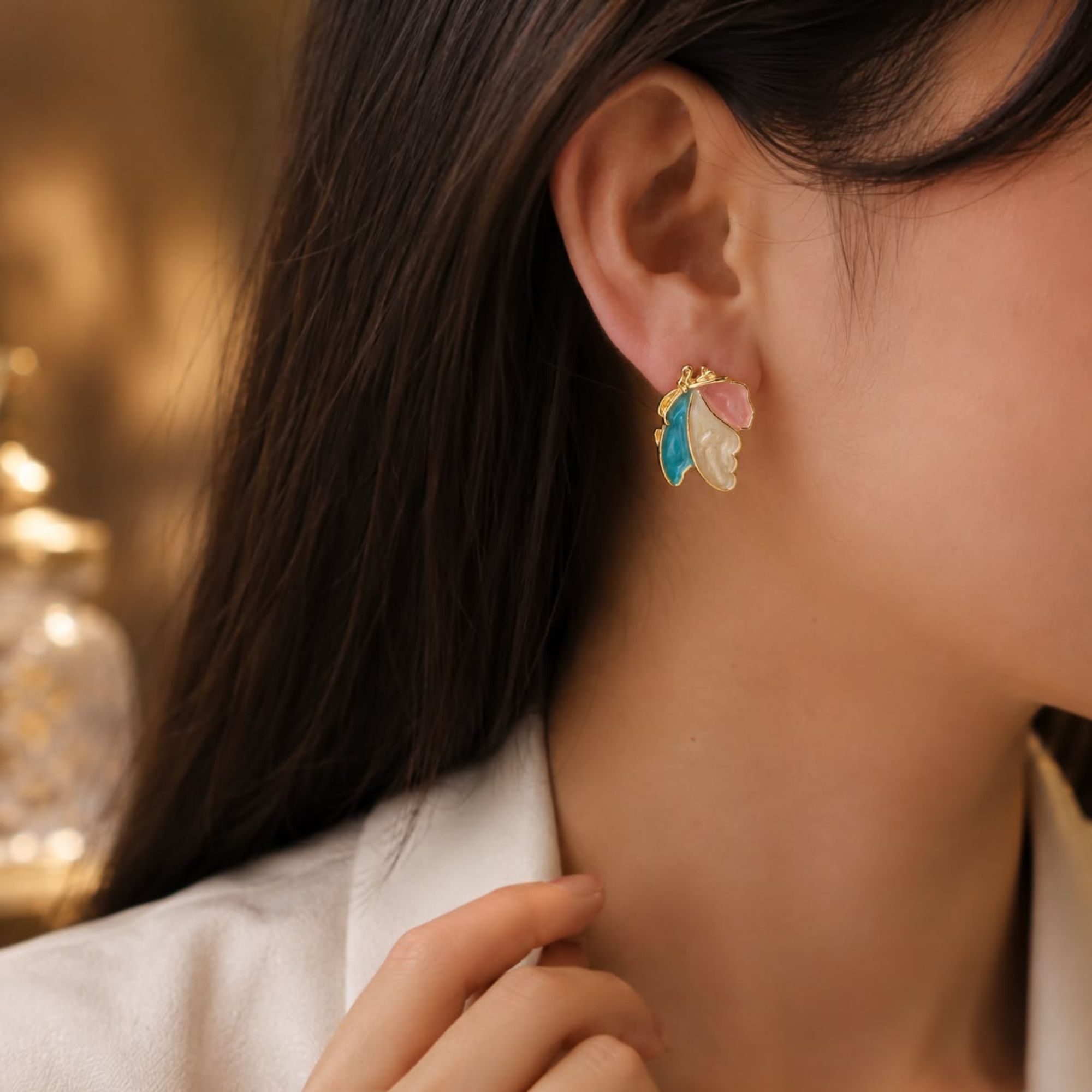 Chic Pastel Butterfly Enamel Earrings _ Trendy Gold-Finished Daily Wear Studs - Image 4