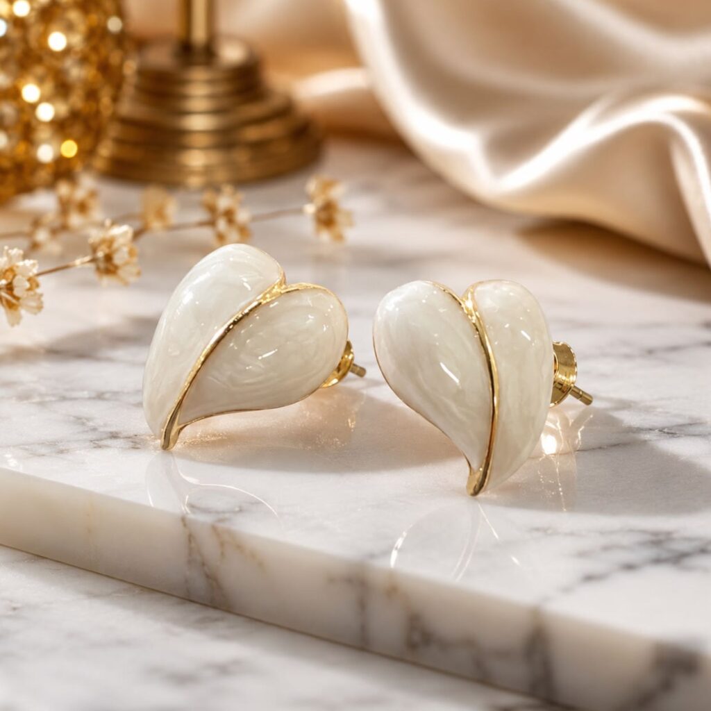 Elegant White Heart Stud Earrings with Gold Border