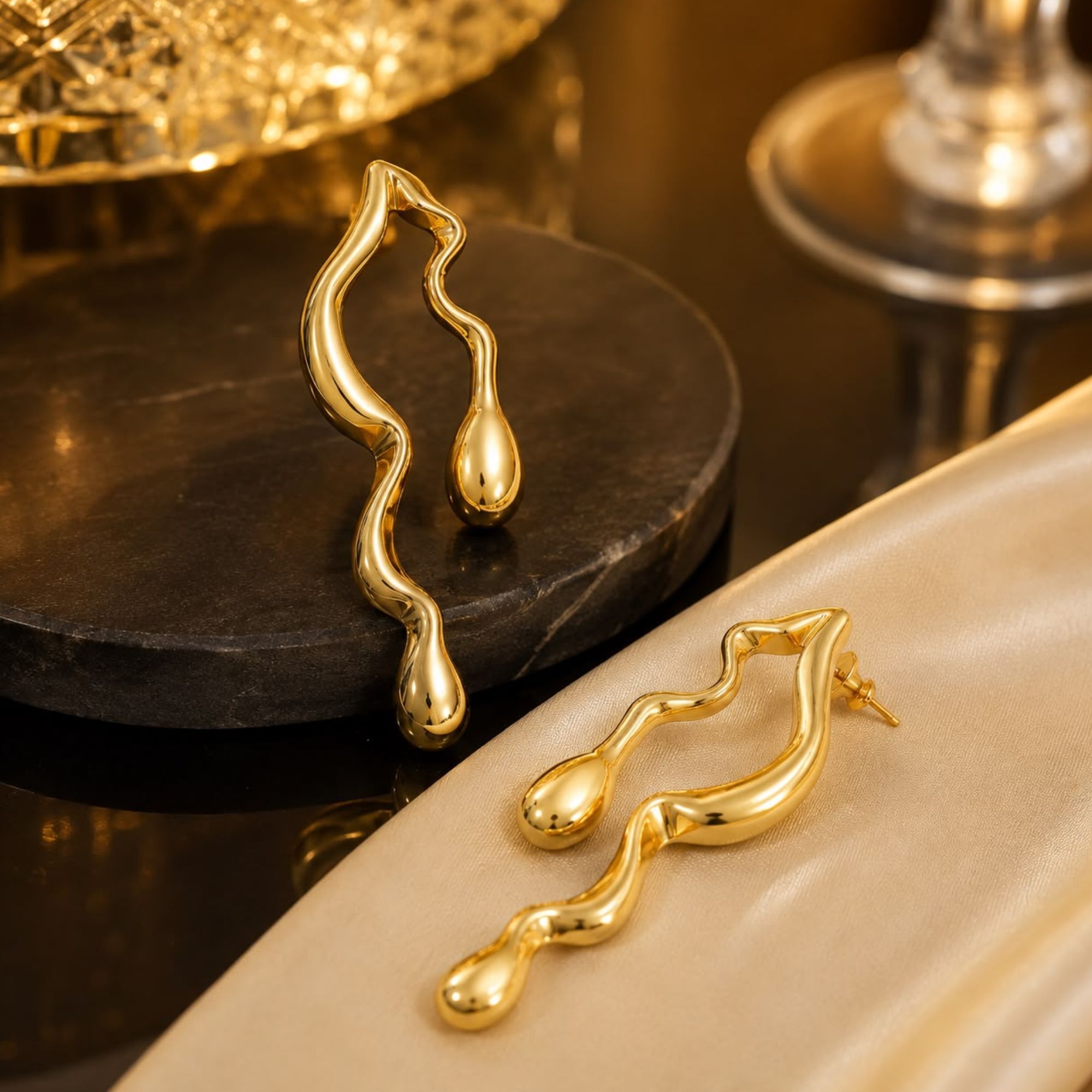 Ethnic & Western Wear Designer Glossy Gold-Plated Unique Wave Earrings - Image 3