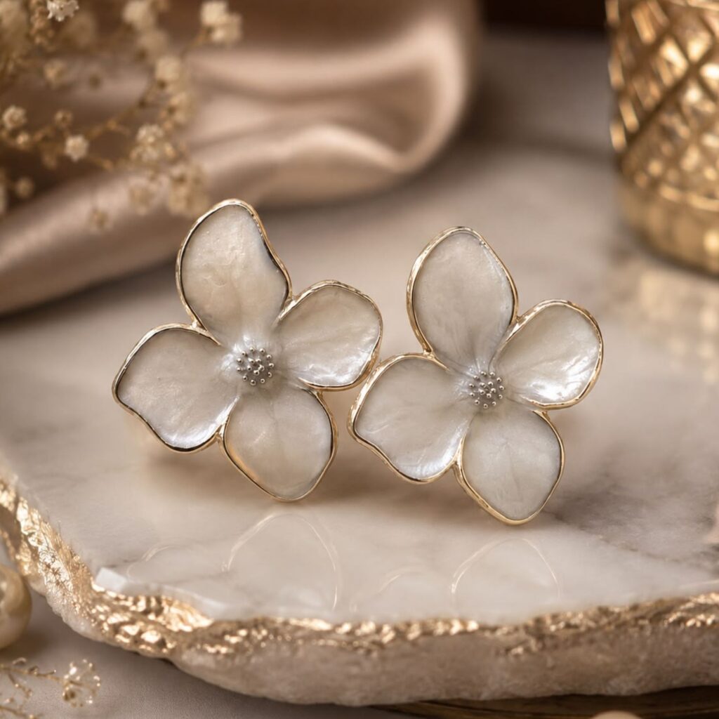 Golden White Enamel Floral Stud Earrings for Women and Girls