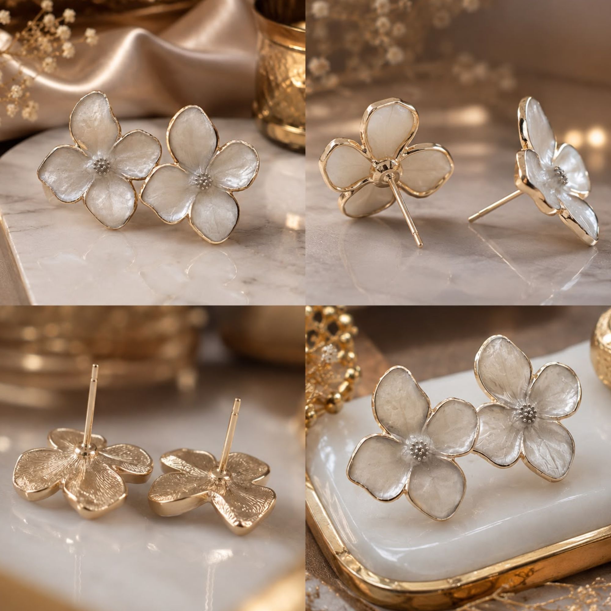 Golden White Enamel Floral Stud Earrings for Women and Girls - Image 3