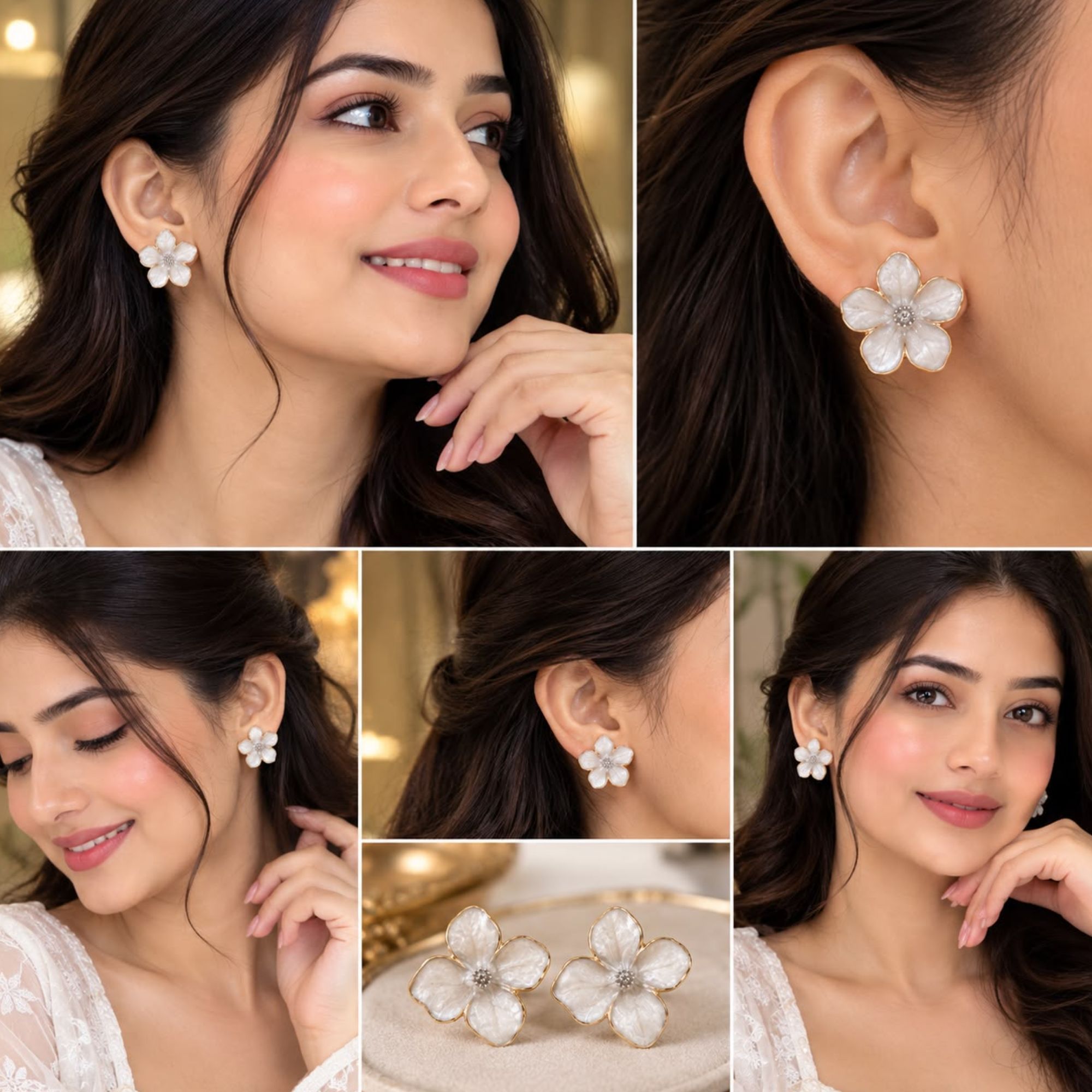 Golden White Enamel Floral Stud Earrings for Women and Girls - Image 2