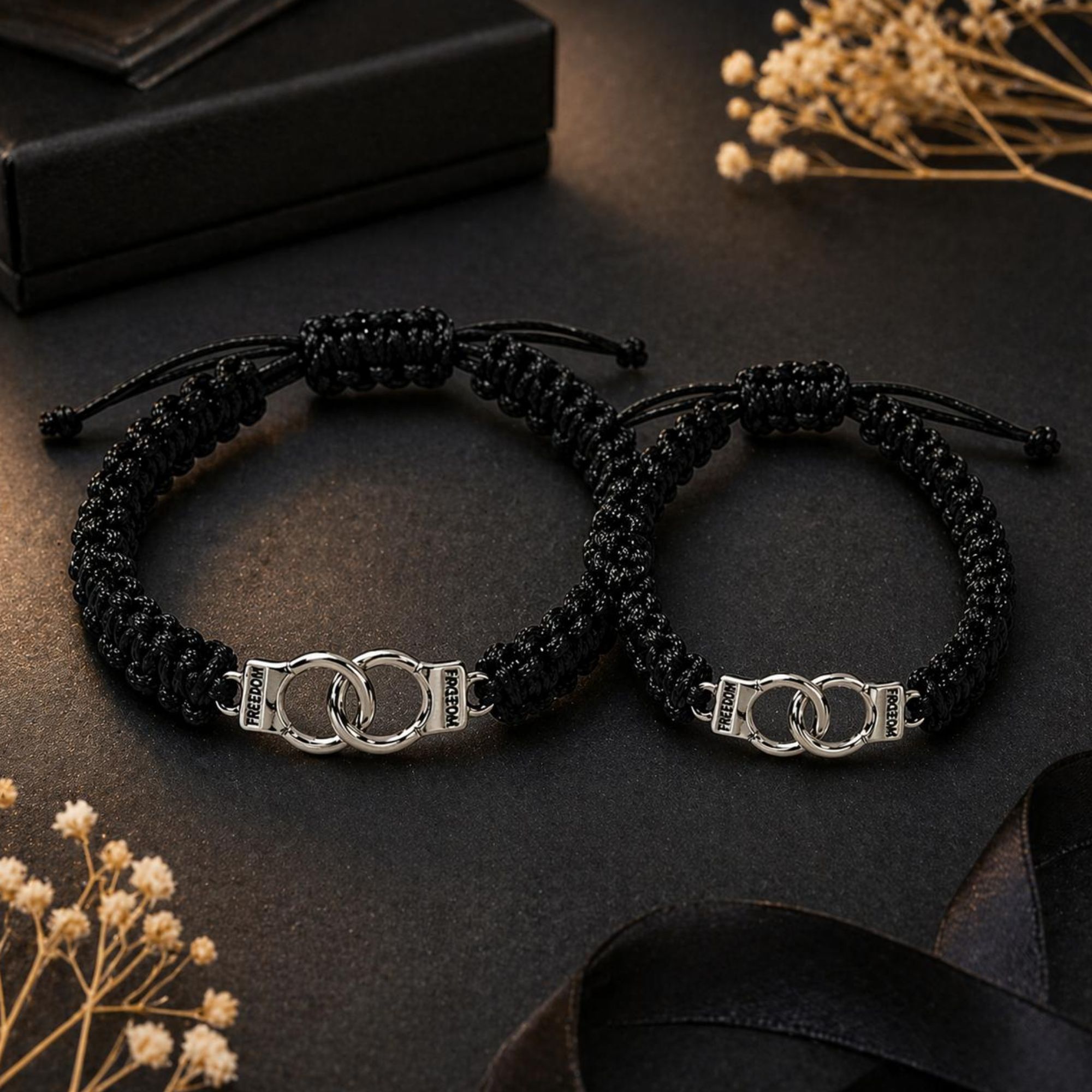 Handcuff Partners in Crime Matching Bracelets Set of 2 for Couples & Best Friends | Black Braided Thread Wish Bracelets - Image 3