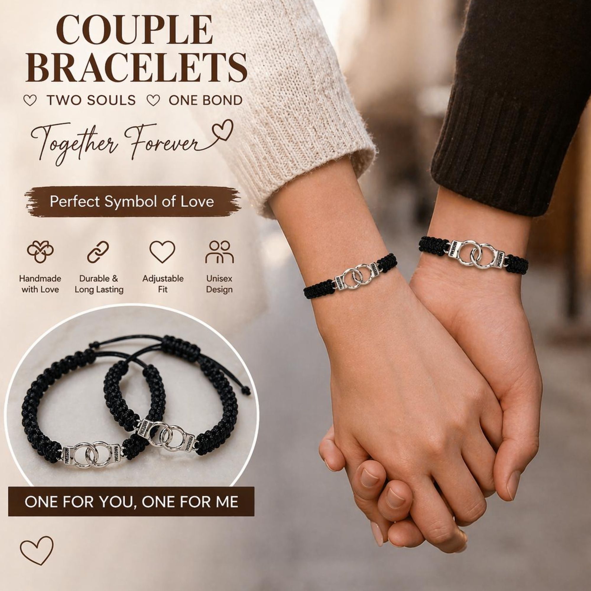 Handcuff Partners in Crime Matching Bracelets Set of 2 for Couples & Best Friends | Black Braided Thread Wish Bracelets - Image 4