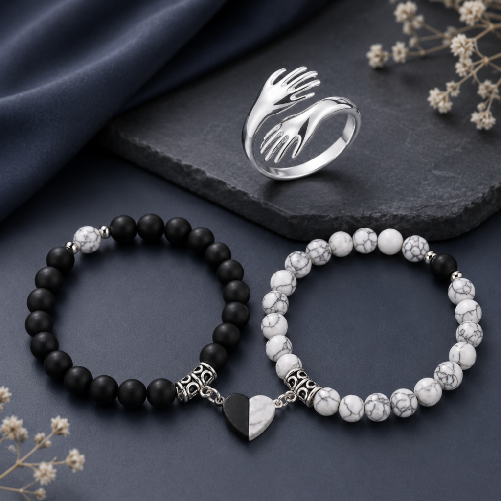 Magnetic Heart Bracelet and Hug Ring Set for Couples
