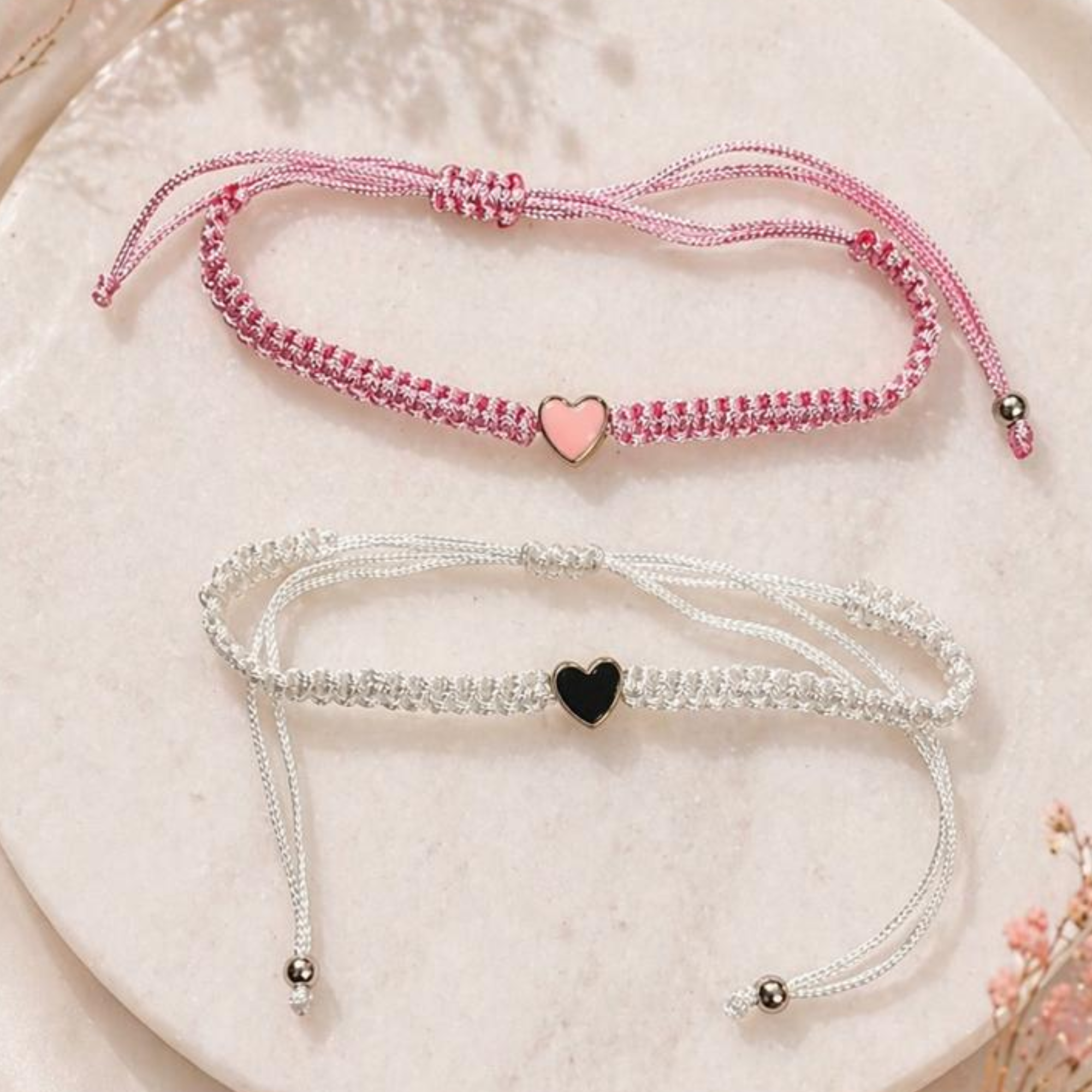 Matching Heart Charm Couple Bracelets Set _ Adjustable Braided Thread Bracelets