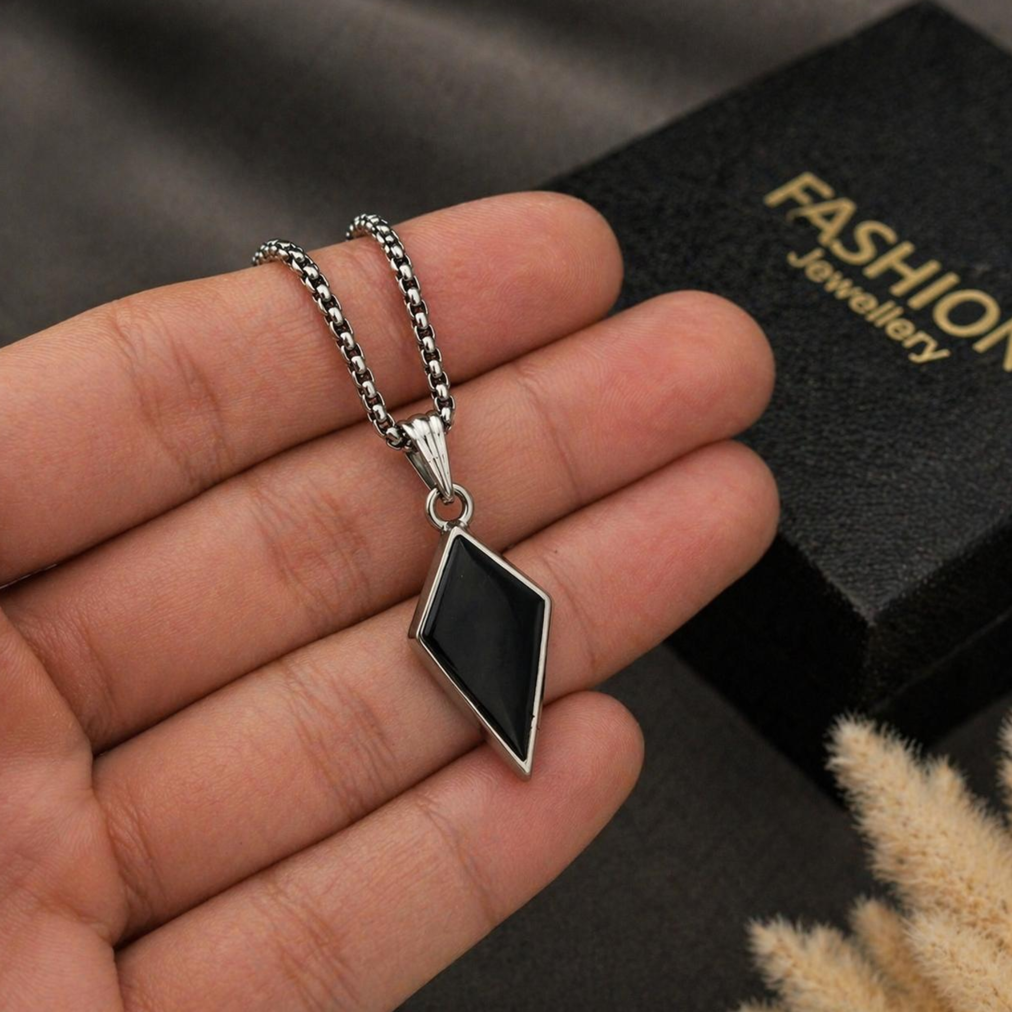 Men's Black Geometric Diamond-Shape Pendant with Silver Plated Chain - Image 3